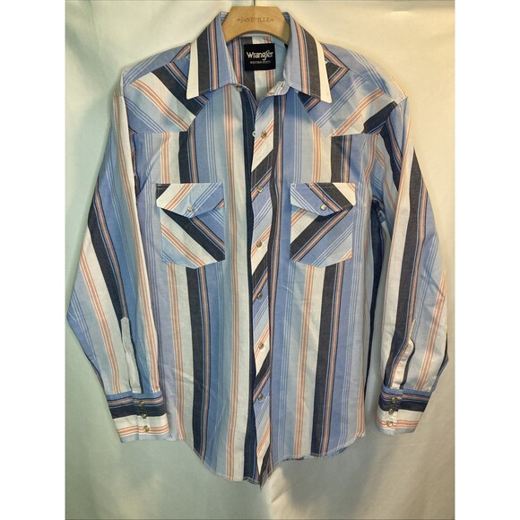 Wrangler Men's Pearl Snap Western Shirt-16x34-Blue-White Striped - Picture 1 of 10